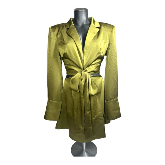 Amylynn Gia Satin Cutout Mini Dress Large NWT Olive Green Long Sleeves AL3006 - Picture 3 of 16
